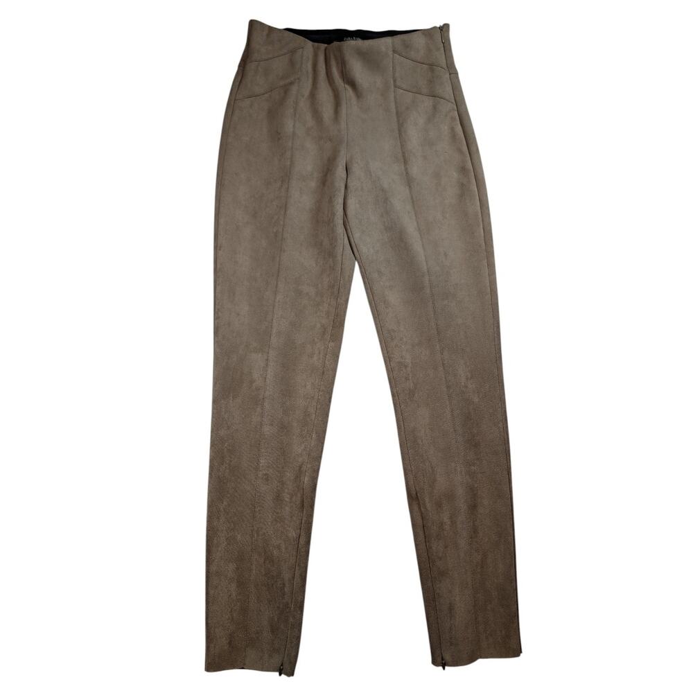 ZARA Faux Suede Legging Pants Beige Side Zip Raw Hem Stretch Womens Small